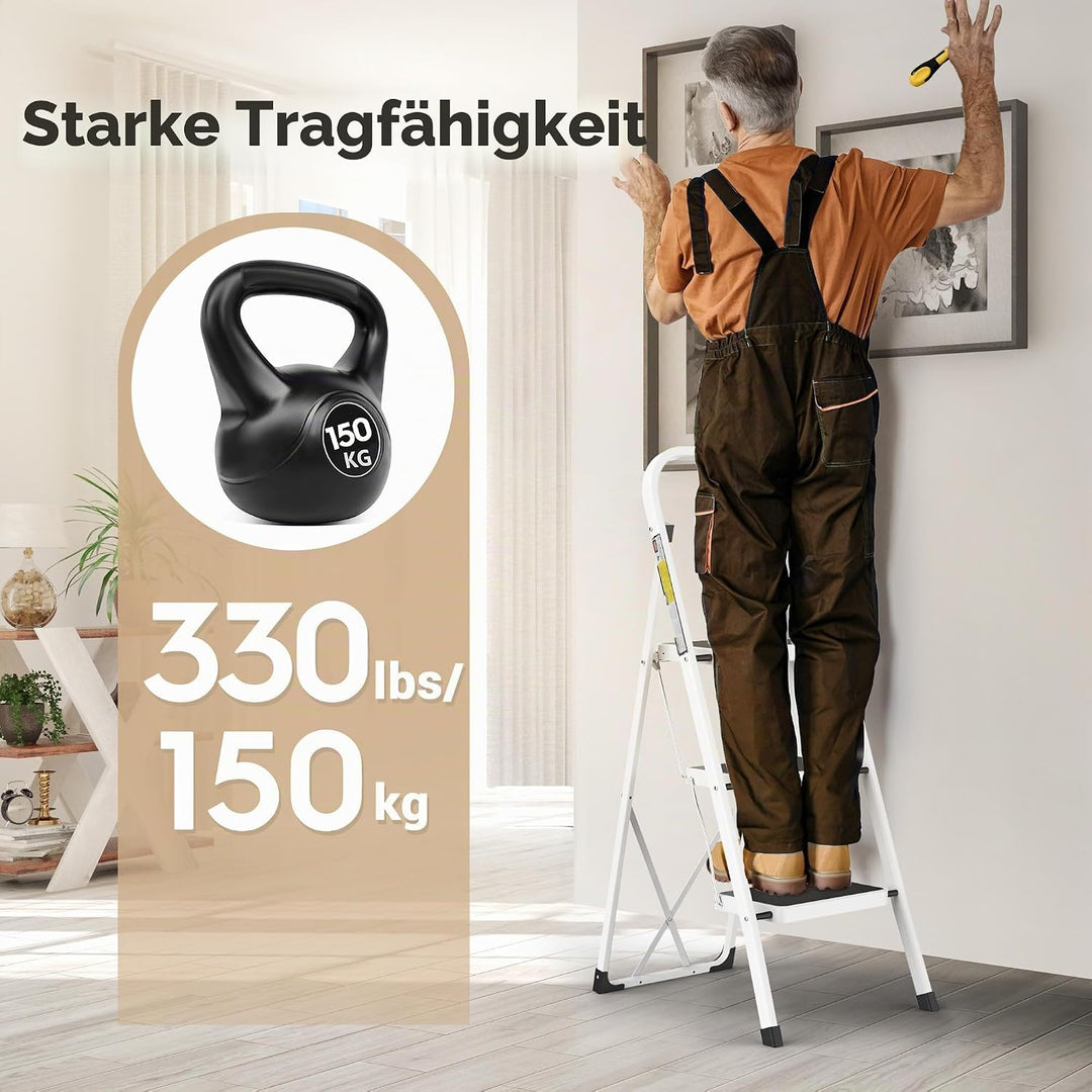 HBTower 3-Stufen-Leiter, Trittleiter mit Anti-Rutsch-Pedal, 20 cm breite Stufen, 150KGS Kapazität, P