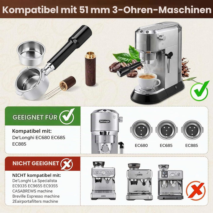 Siebträger Ohne Boden 51mm 3 Nasen Kompatibel mit DeLonghi Dedica EC680 EC685 EC885, 2x Edelstahl Si