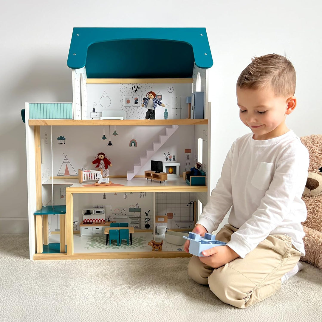 OOOK Puppenhaus Holz mit Hebbarer Aufzug, Puppenhaus Gross ab 3 Jahren Mädchen, Doll House for Girls