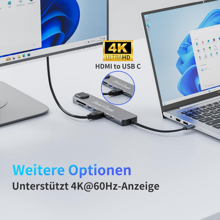 DreamQuest USB-C Hub 8-in-1 mit 100Mbps LAN-Anschluss, 4K HDMI, PD 65W, USB 3.0/2.0, SD/TF Kartenles