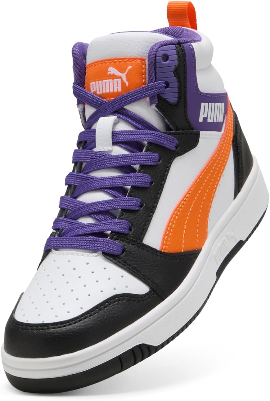 Puma Unisex Kinder Rebound V6 Mid JrSneaker 36 EU Puma Weiss Orange Glo Puma Schwarz, 36 EU Puma Wei
