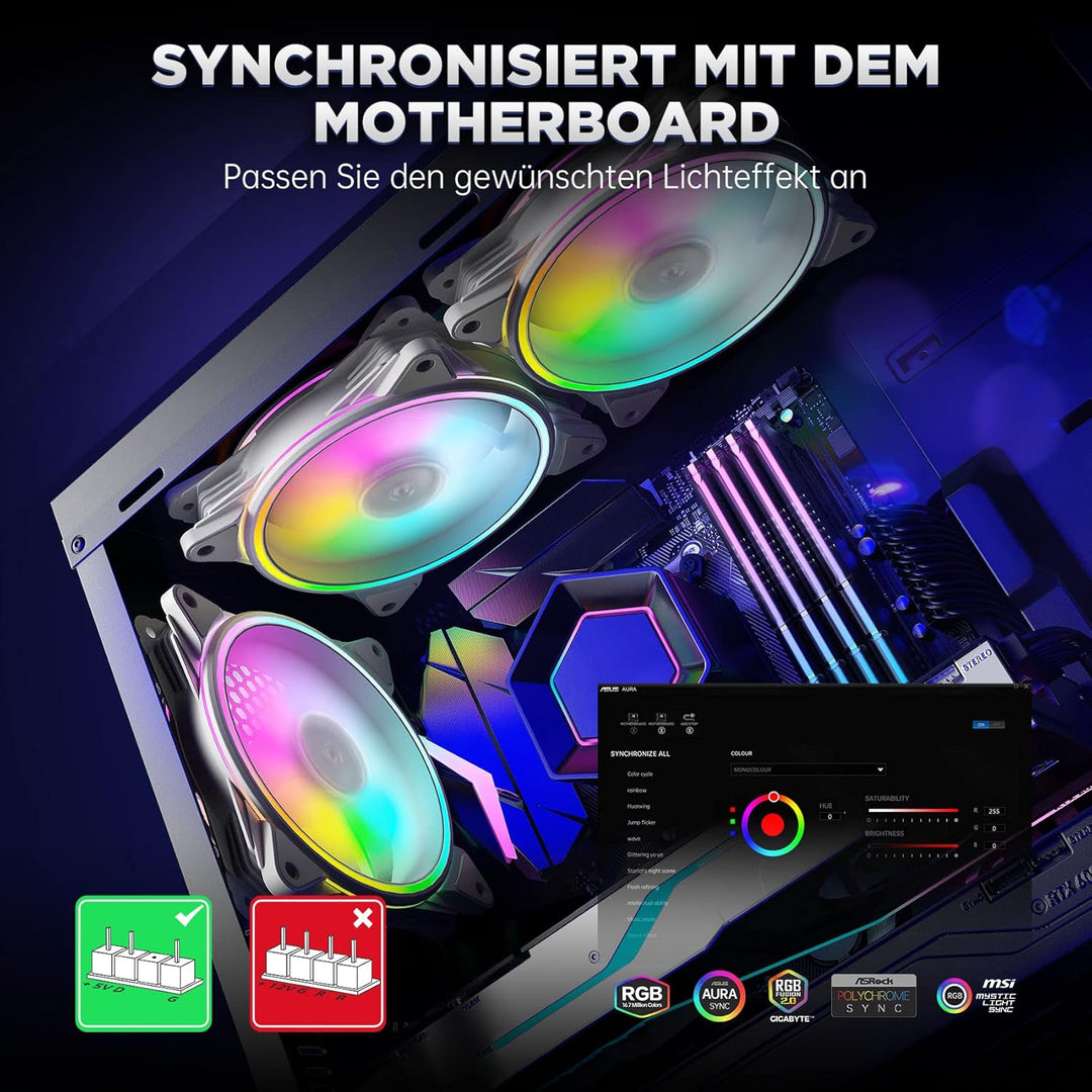AsiaHorse PC 120MM RGB Lüfter, ARGB Gehäuselüfter mit Hub-Steuerung, 4 Rangen CPU Gehäuse Lüfter mit