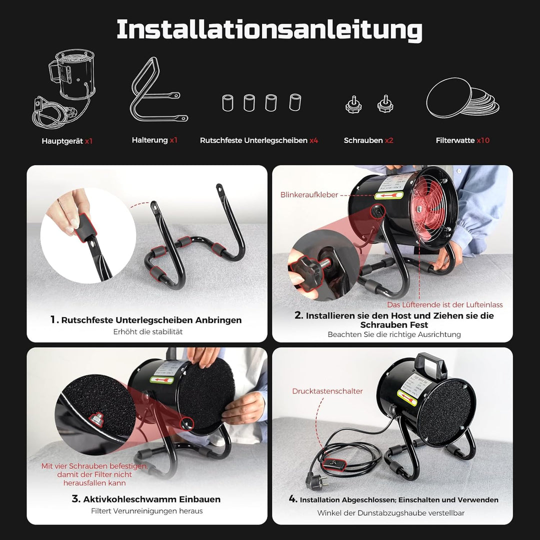 Tragbare Dunstabzugshaube 40W 600m³/h Abluftventilator mit 10 Aktivkohle Filter/120°verstellbare/Ger