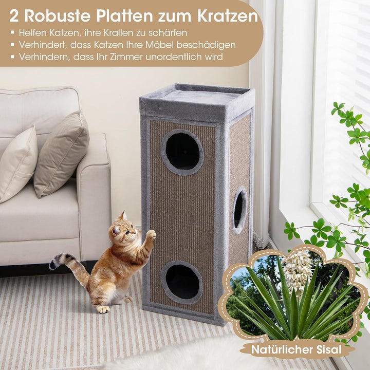 COSTWAY 4-stöckige Kratztonne Katzentonne, Kratzbaum mit Kratzbrett, 3 Katzenhöhlen &amp; Kissen, Spielt