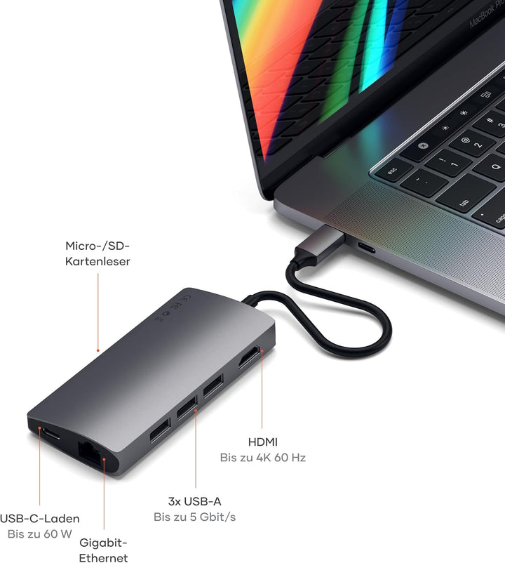 SATECHI USB-C Hub V2 8-in-1, PD 60 W, Space Grau Space Grau V2 60W USB-A 4K, Space Grau V2 60W USB-A