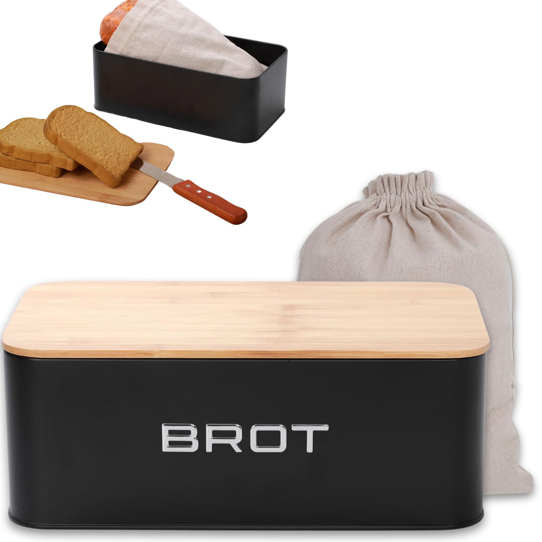 Brotkästen Metall mit Bambusdeckel – Moderne Brotbox Küche – Brot aufbewahren Inkl. Baumwollbeutel –