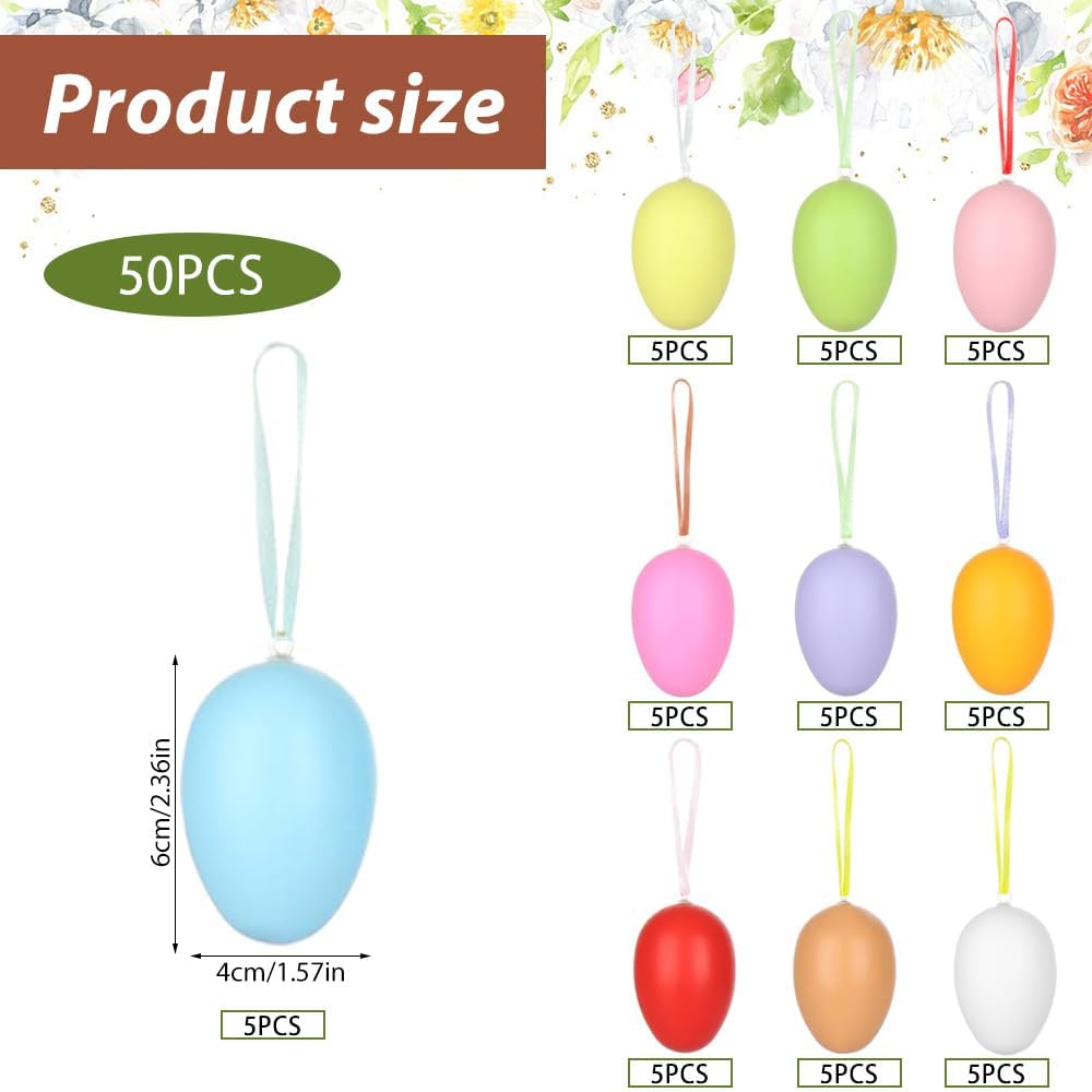 50 Stück Ostereier Plastik Bunt, Ostereier Deko, 6cm Plastikeier Kunststoffeier Ostereier zum Aufhän