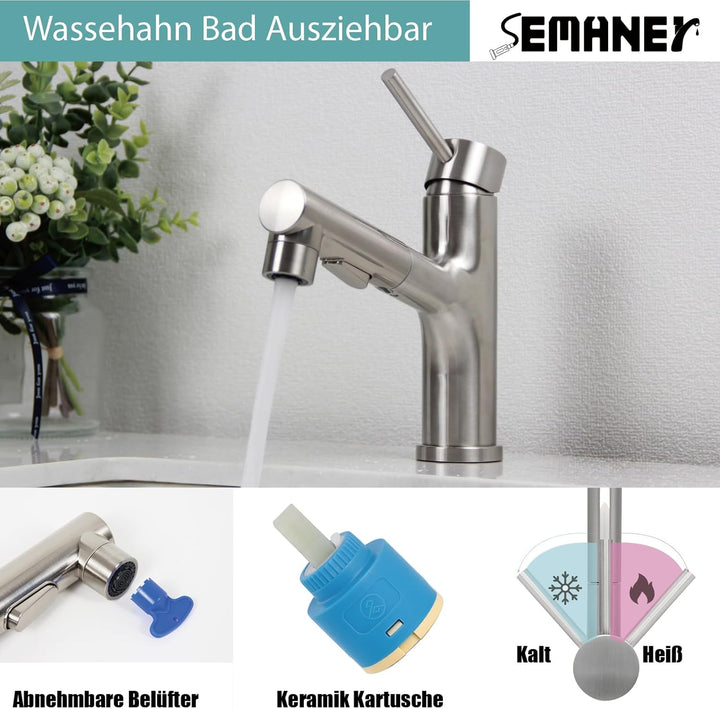 Wasserhahn Bad, SEMANEY Waschtischarmatur mit 3 Modus Brause Ausziehbar, Hochdruck Einhebelmischer M