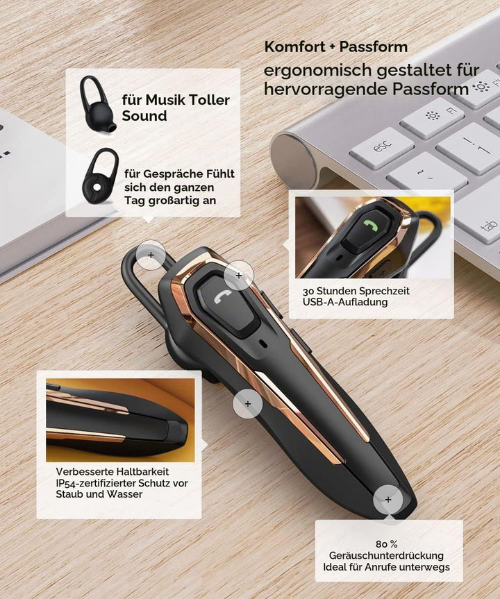 Micool Headset Bluetooth V5.0, Geräuschunterdrückung Freisprech Bluetooth Headset Handy 30 Stunden G