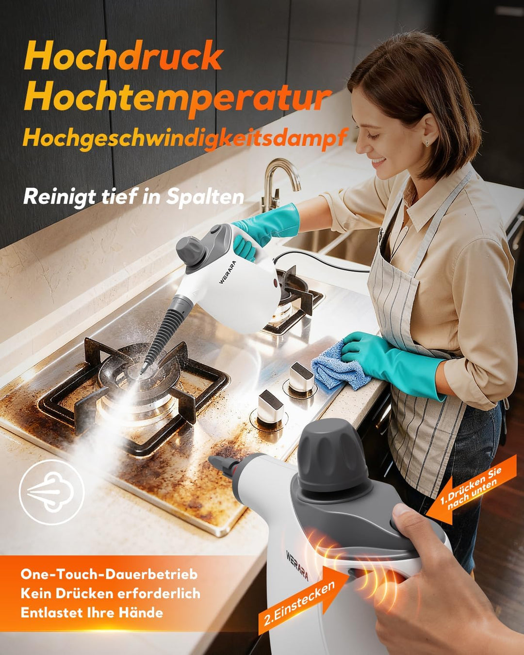 Dampfreiniger Handgerät,500 ml Steam Cleaner, 1050 Watt Hochdruckfunktion, mit 16 Zubehörteilen und