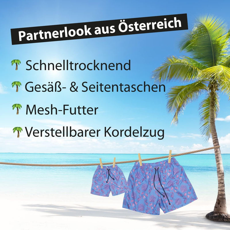 miniloo Badeshorts Partnerlook Papa und Sohn Koralle blau - Hochwertiges Set Badehose Vater Sohn - B