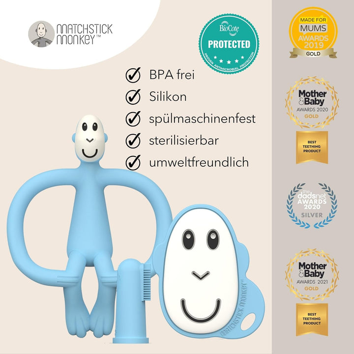 Matchstick Monkey Zahnungs Starter-Set – Flacher Beissring, Tier-Beissring & 2 Silikon-Fingerzahnbür