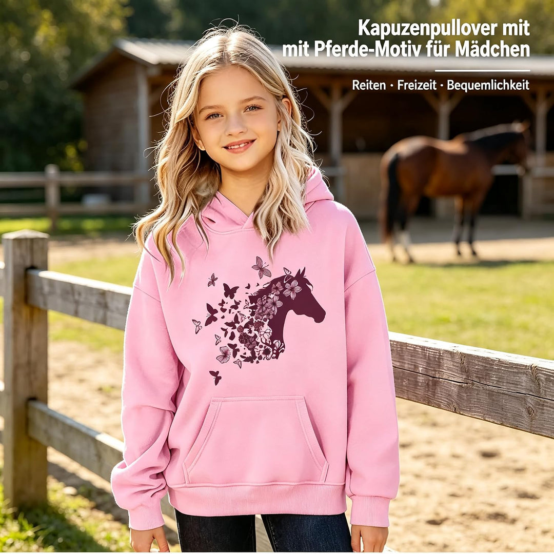 generisch Kapuzenpullover für Mädchen Langarm-Kapuzenpullover mit Pferde-Print für Kinder Rosa 10-11