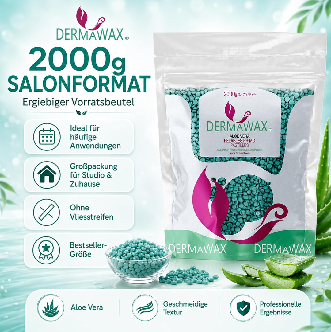 Dermawax 2 kg Aloe Vera Wachs Heisswachs Waxing Perlen Wachsperlen Wax Anwendung ohne Wachsstreifen