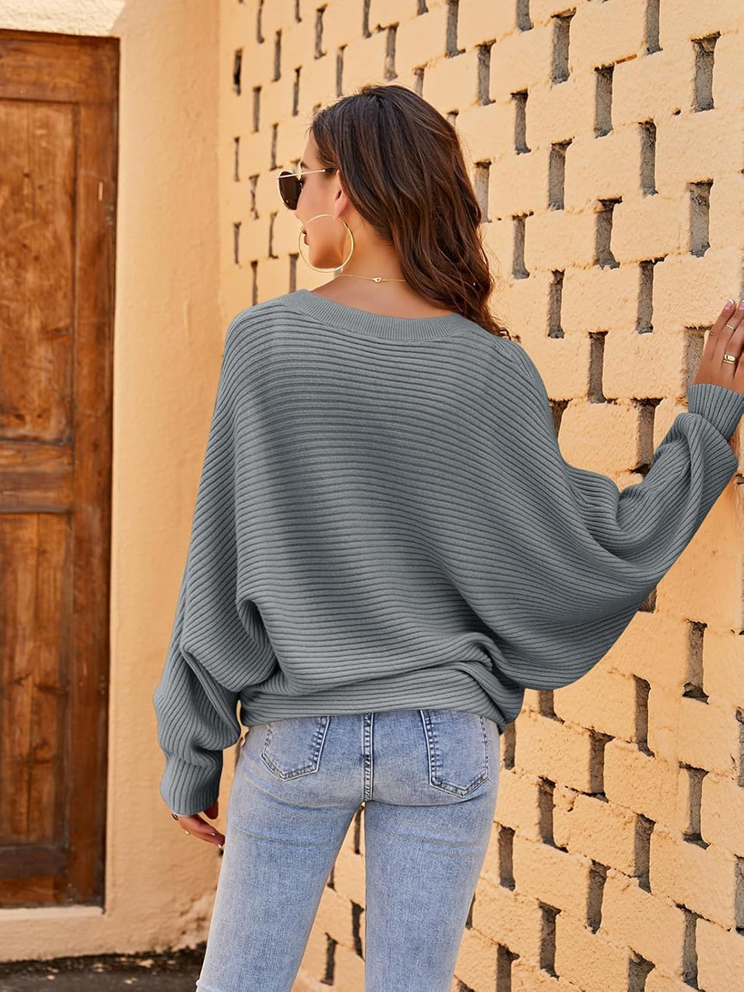 Fessceruna Damen Pullover Oversize Fledermausärmel Strickpullover Winter Rundhals Pulli Geripptes Sw