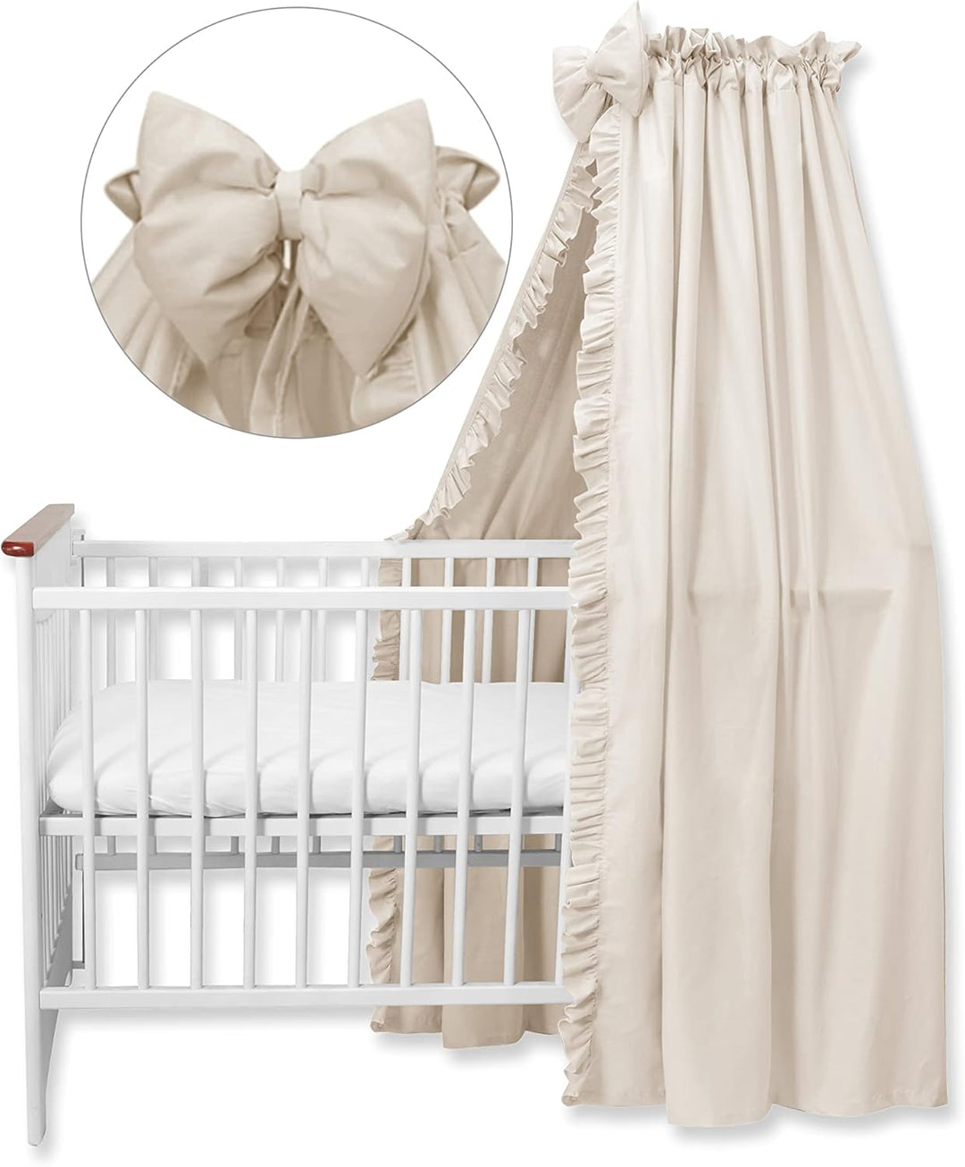 balbina Baldachin 100% Baumwolle, Deko-Set für Kinderbett, Betthimmel mit Rüsche & Schleife, Moskito