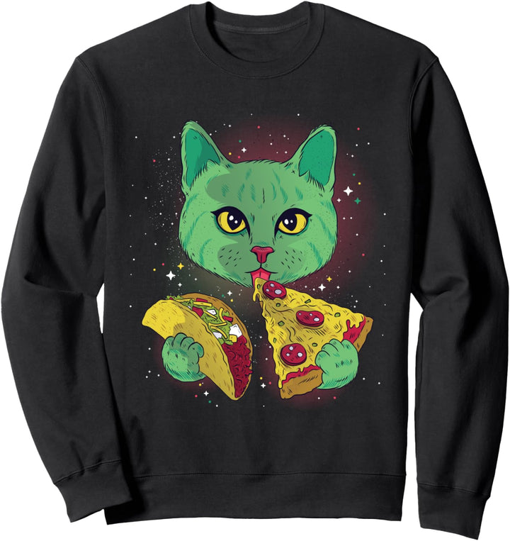 Katze mit Pizza und Taco im Weltall für Männer und Frauen Sweatshirt