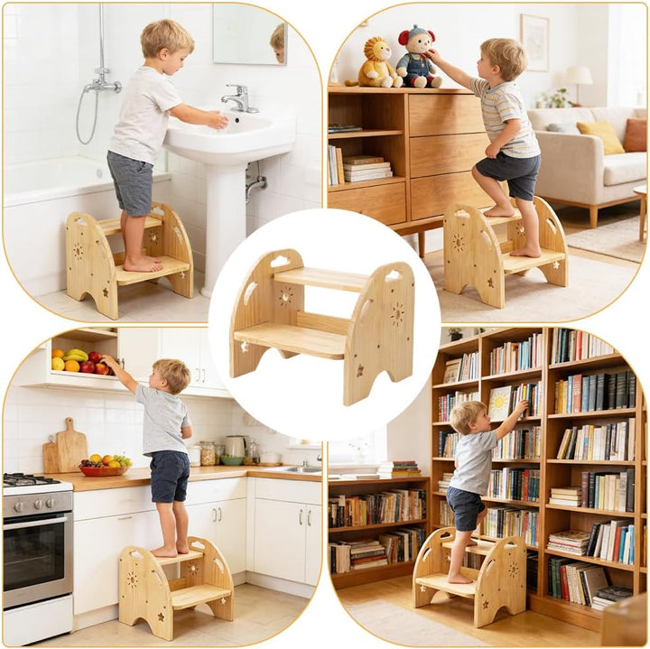 CEWROM Tritthocker Kinder Holz 2 Stufen, Rutschfester Kinderhocker mit Griff, Stabiler tritthocker,