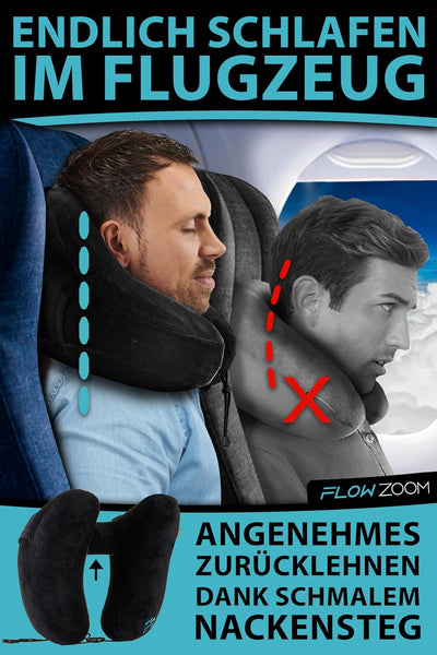 FLOWZOOM AIR Nackenkissen aufblasbar mit Kapuze - Reisekissen - Schnell aufblasbares Reise - Flugzeu