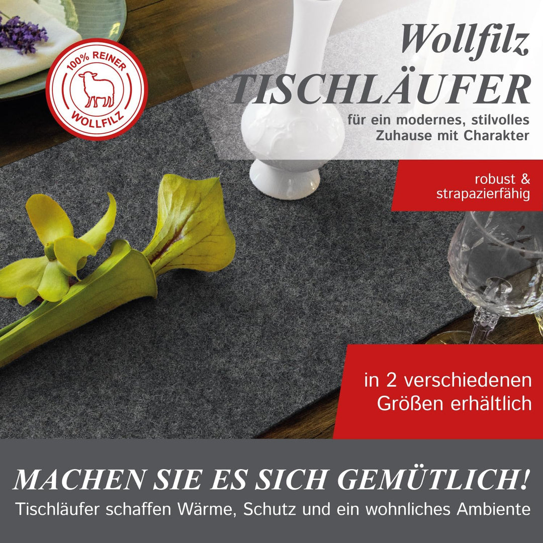 Moderner Tischläufer aus Filz für den Herbst, anthrazit (aus 100% Schafwolle), 150 x 30 cm, 5mm dick