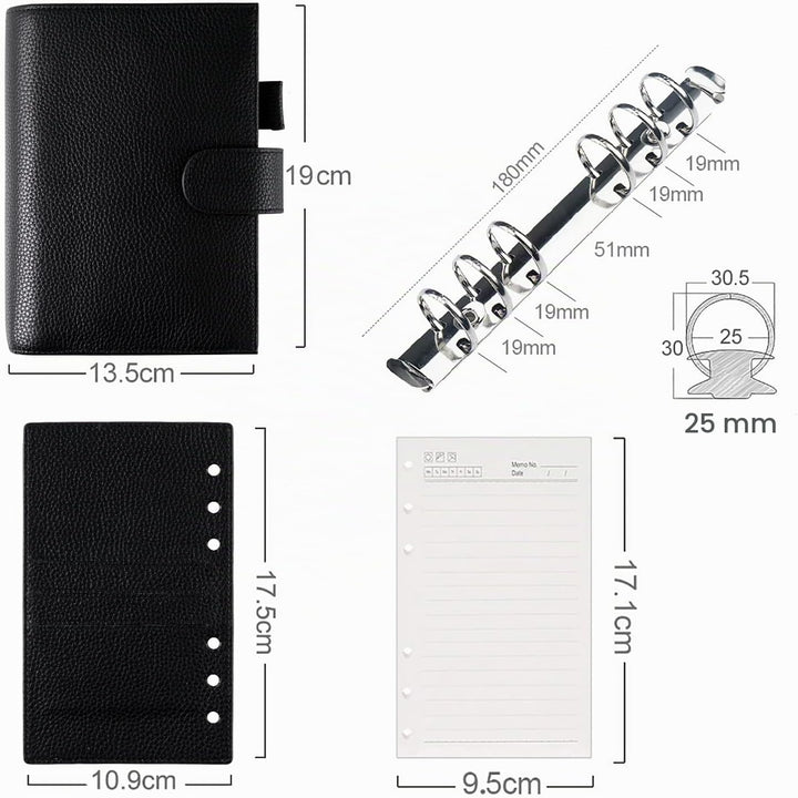 Moterm Personal Regular Ringe Planer - Echtes Leder Binder Organizer (25mm Ring, Kiesel-Schwarz), Ki