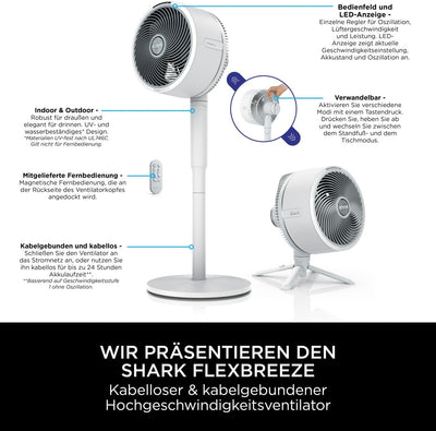 Shark FlexBreeze Ventilator Leise, Hybrid Ventilator Kabelgebunden & Kabellos, Tragbar, für Innen- u