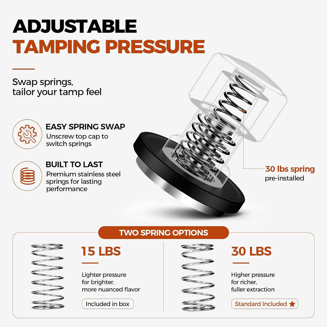 58,35 mm Espresso-Tamper, stossfestes Design mit akustischer Rückmeldung, 3-fach gefederter Kaffee-T
