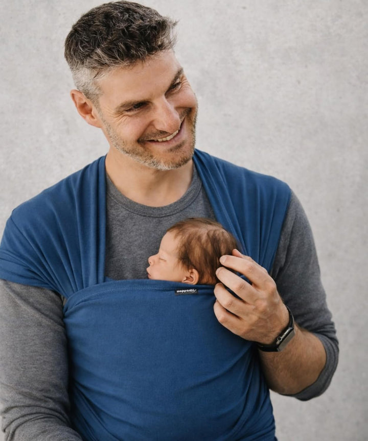 Hoppediz Elastisches Babytragetuch ab Geburt, Indigo 5,40 m | Ergonomisches Tragetuch für frühgebore