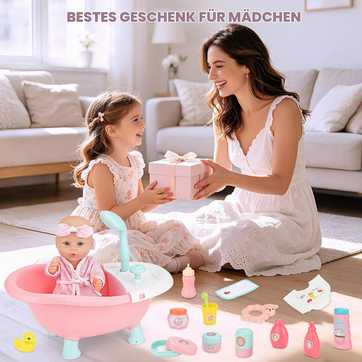 deAO Baby Puppe mit Badewanne und Zubehör, 30cm Badepuppe für Mädchen | Puppenzubehör Spielset mit F
