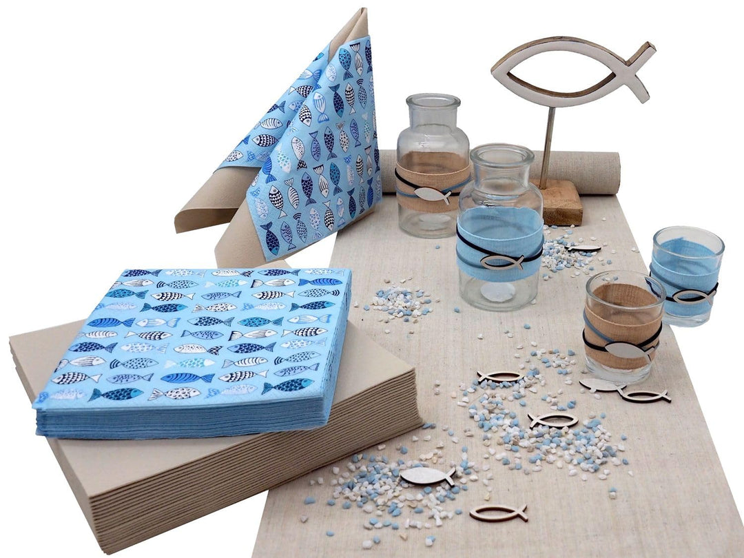 ZauberDeko Tischdeko Kommunion Konfirmation Blau Fisch Holz Tischaufsteller Set 20 Personen