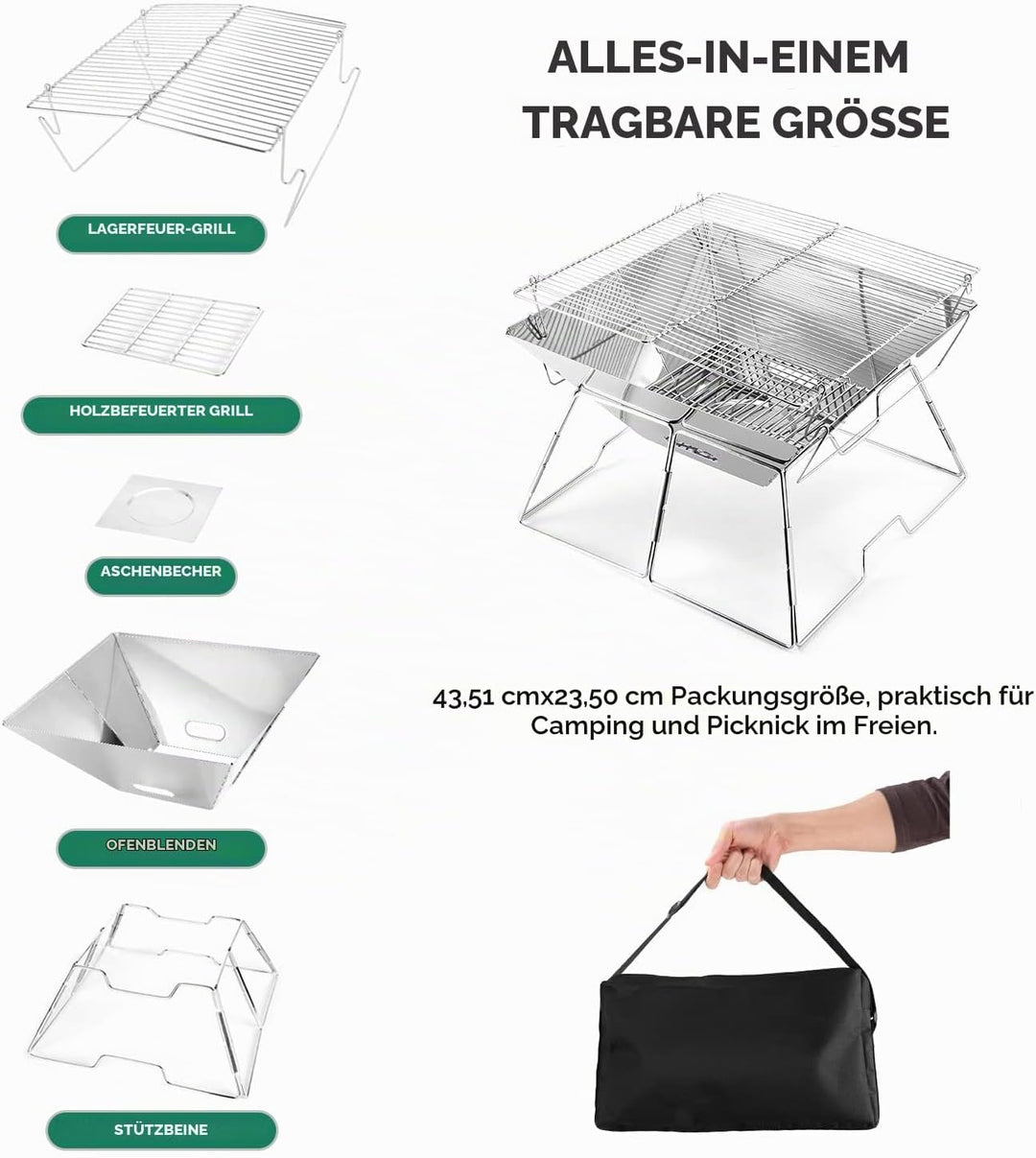 Odoland Faltbarer Lagerfeuer-Grill, Camping-Feuerstelle mit Tragetasche, 304 Edelstahl, Grilltor, ro