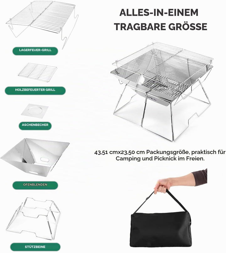 Odoland Faltbarer Lagerfeuer-Grill, Camping-Feuerstelle mit Tragetasche, 304 Edelstahl, Grilltor, ro