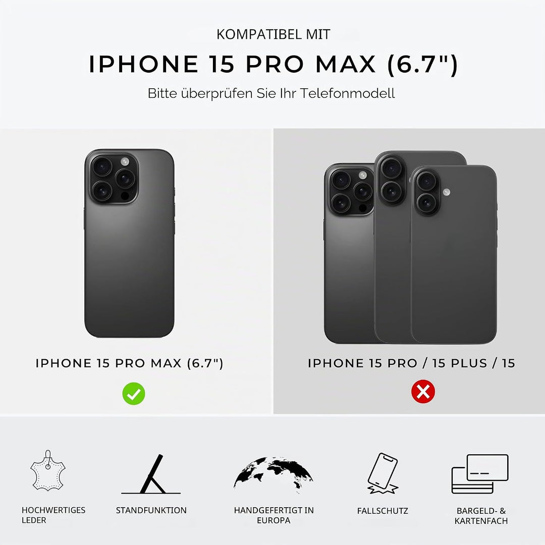 Snakehive Lederhülle für iPhone 15 Pro Max - Echtleder Handyhülle mit Standfunktion und Kartenfächer