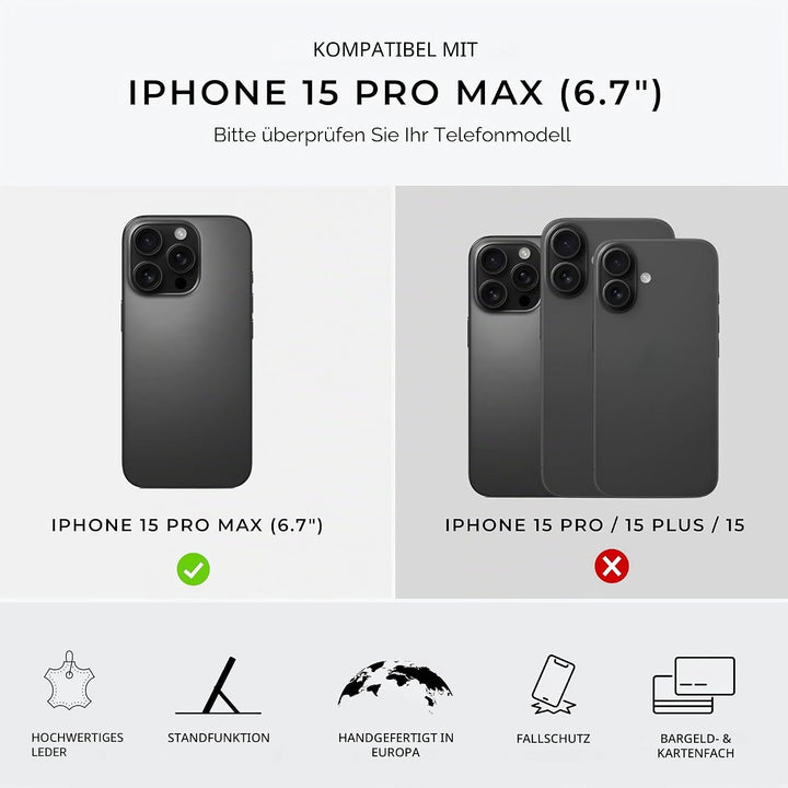 Snakehive Lederhülle für iPhone 15 Pro Max - Echtleder Handyhülle mit Standfunktion und Kartenfächer