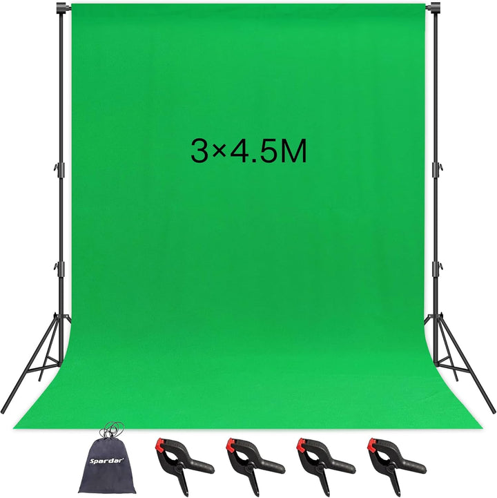 Spardar Greenscreen mit 4 Klemmen, 3M X 4.5M Foto Hintergrund Greenscreen Stoff Baumwolle Faltbare G