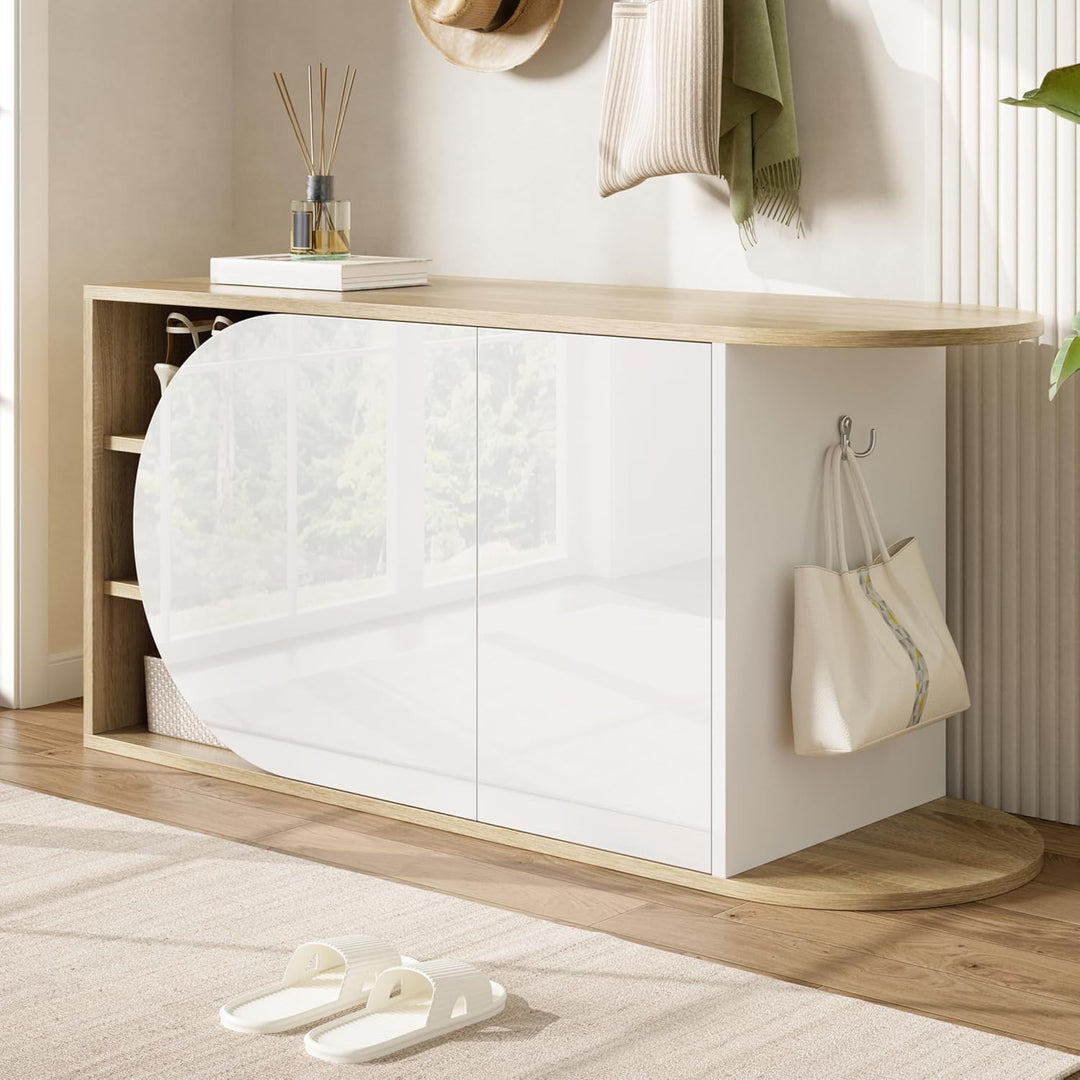 Merax Schuhschrank mit Sitzbank 104 × 37 × 50 cm, Hochglanz Schuhbank Schuhkommode mit 2 Türen, Push