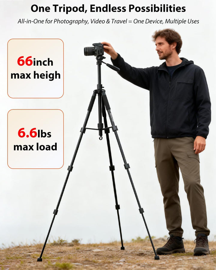 CAMBOFOTO Stativ Kamera mit Mittelsäule 167 cm für Kamera &amp; Handy | 3 kg Tragkraft, Schnellwechselpl