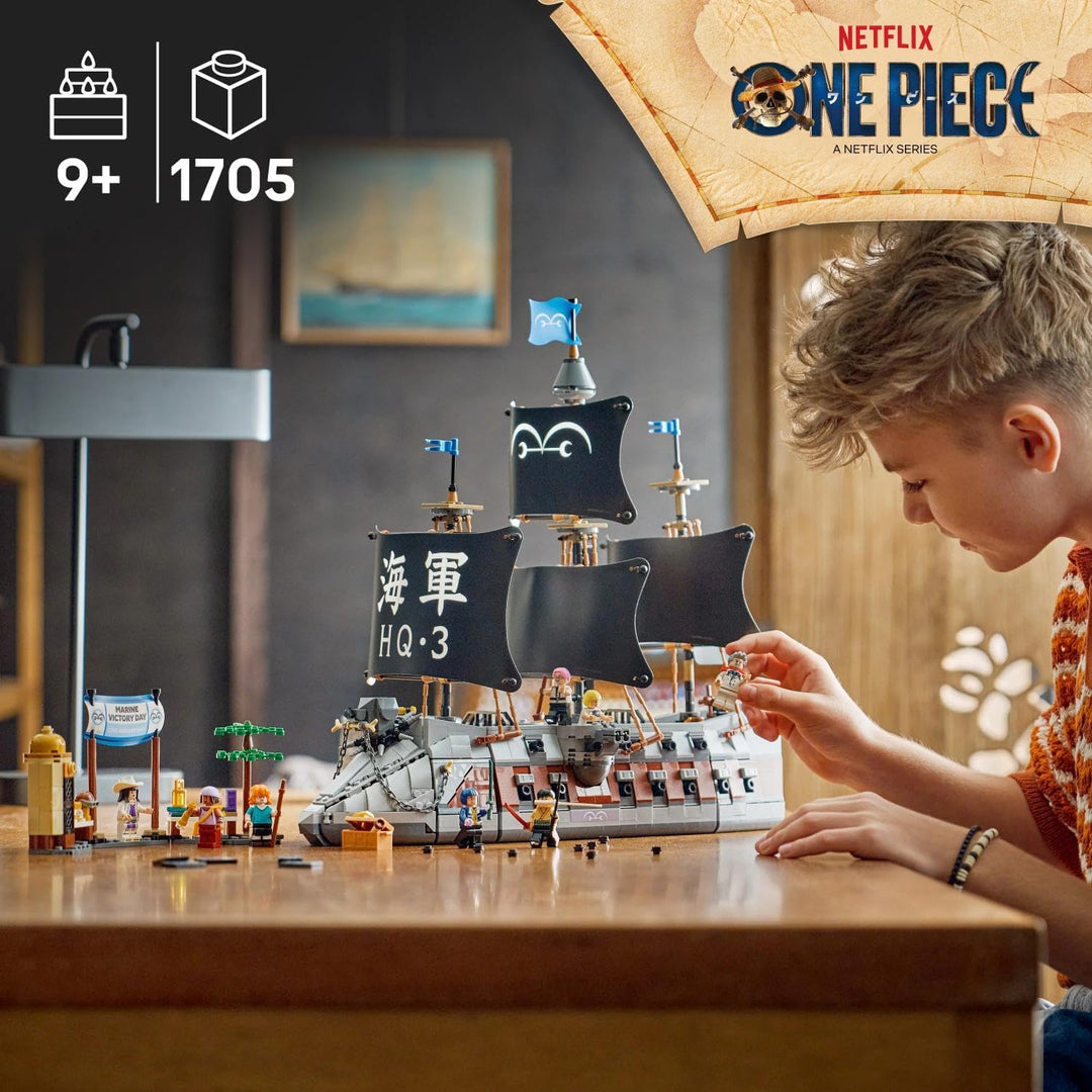 LEGO ONE PIECE Garps Marineschlachtschiff - Boots Modellbau mit 8 Minifiguren inkl. Zoro, Lysop und