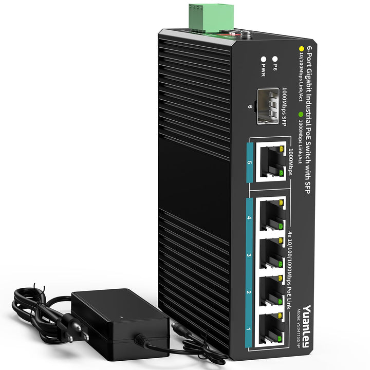 YuanLey 6-Port Industrie-Switch mit 4-Port PoE Gigabit, 1x 1000Mbps Uplink, 1x SFP Port, Unmanaged D