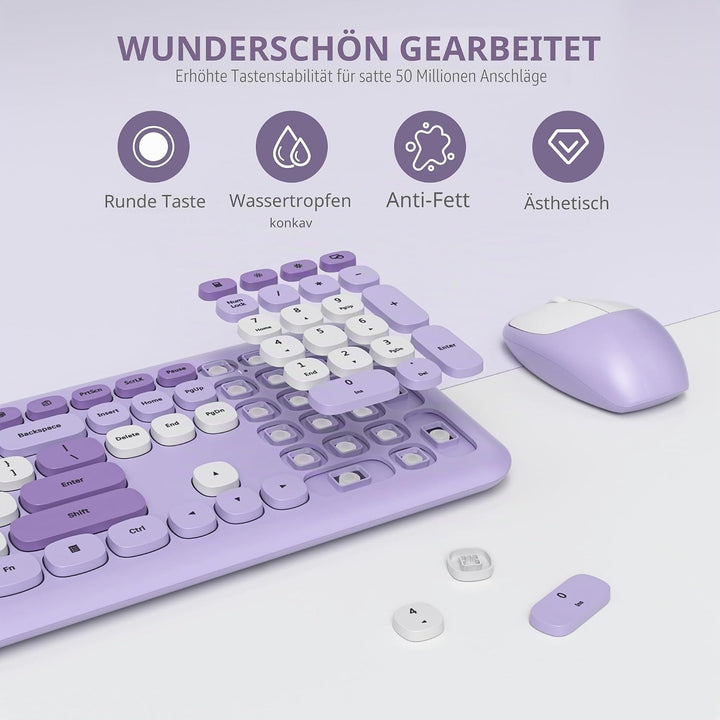 SOLIDEE Buntes kabellose Tastatur und Maus-Kombination,2.4GHz Retro Schreibmaschine Tastatur,104 Tas