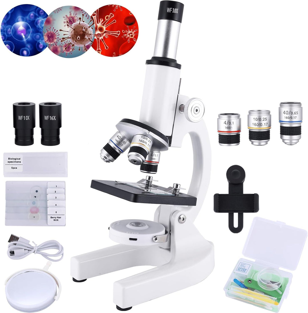 Mikroskop für Kinder, 40 x 2000 x Verbundmikroskop, Handyadapter mit Mikroskop, Gleitmikroskop-Set f