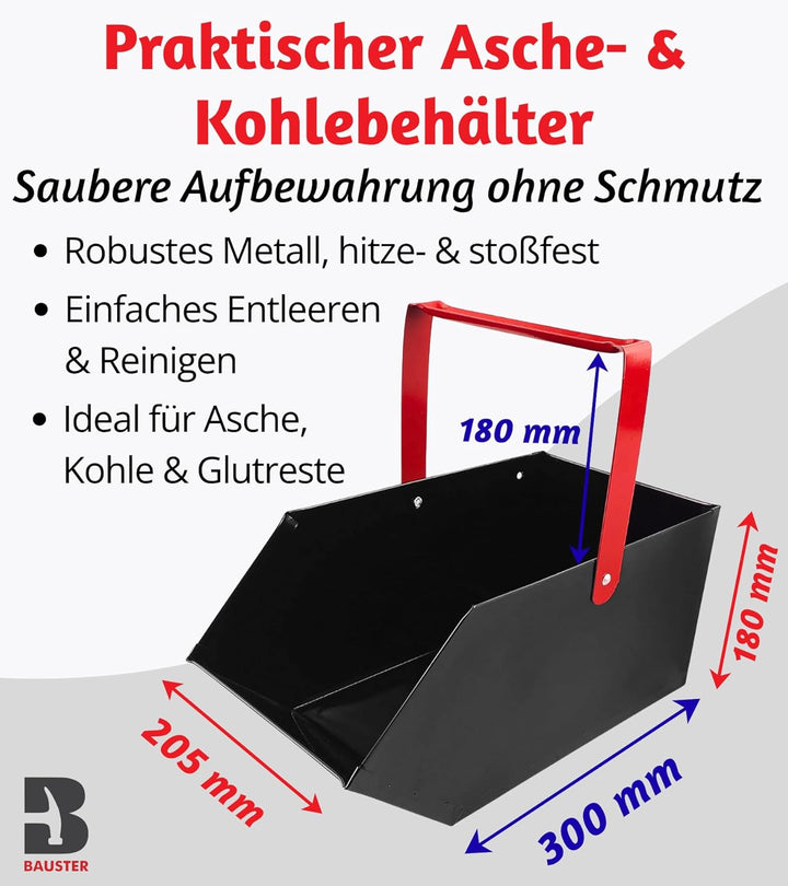 BAUSTER® Kaminbesteck Set Mit Schürhaken, Aschekratzer, Kehrschaufel und Kohlenkasten/Aschebehälter