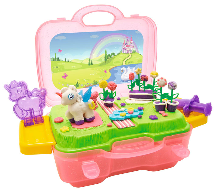 Simba 106326054 - Art und Fun Knetset Einhorn im Koffer, Plattform zum Bespielen, 4x30g Knete, 15 Te