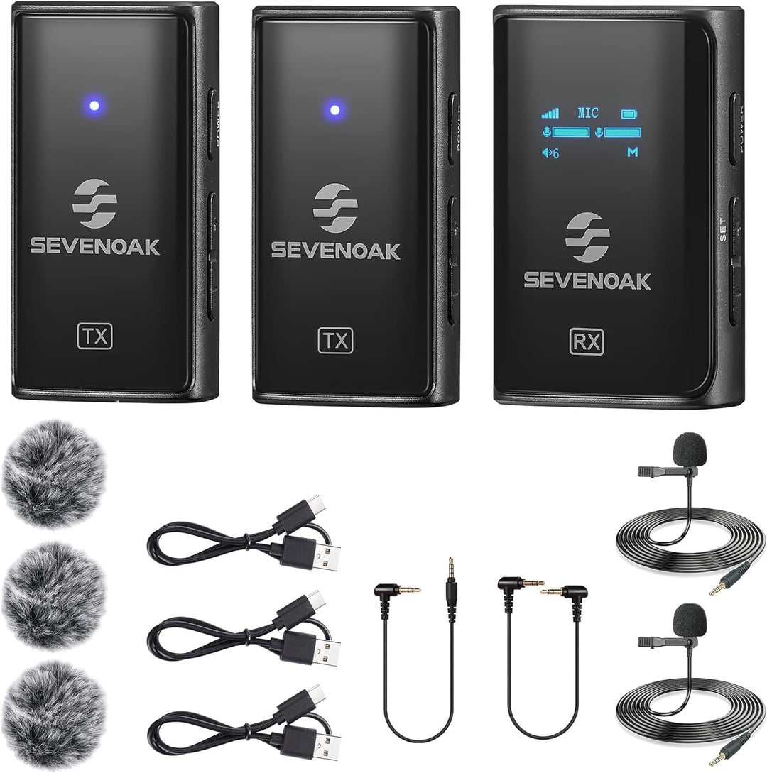 SevenOak Drahtloses Lavalier Mikrofon System, mit OLED, 2.4GHz Dual Ansteckmikrofon mit Stereo/Mono