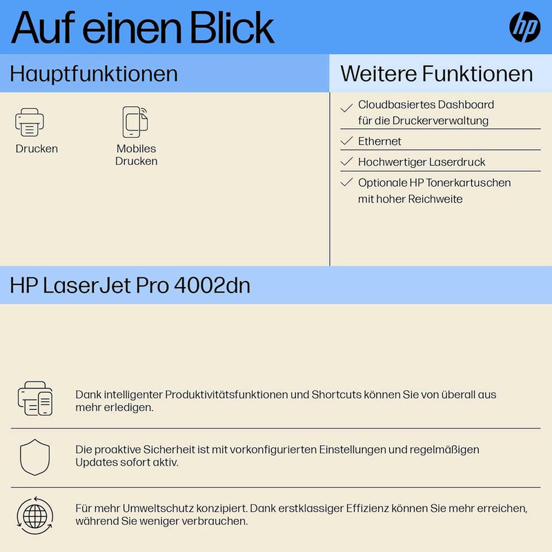 HP LaserJet Pro 4002dn Laserdrucker, Automatischer beidseitiger Druck, Hohe Druckgeschwindigkeit, Bi