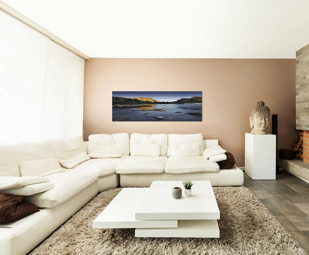 Paul Sinus Art Panoramabild auf Leinwand und Keilrahmen 150x50cm Felsen Bäume Fluss Steine Abendlich