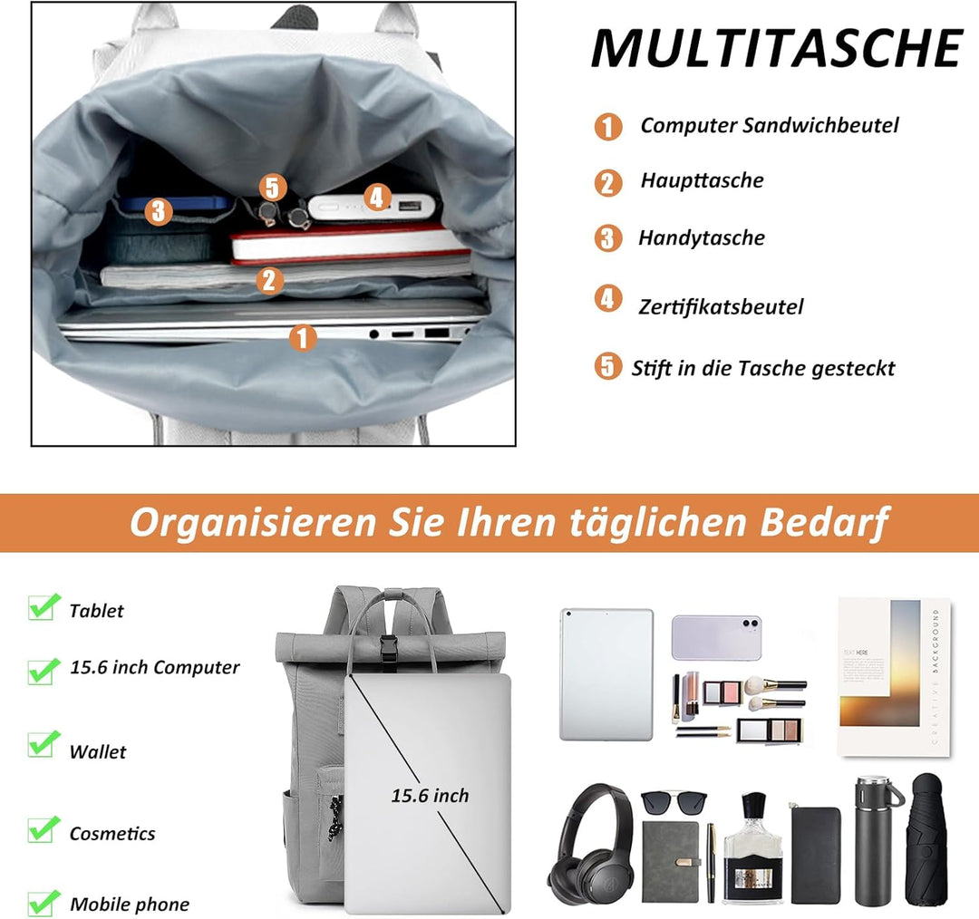 TANTOMI Laptop Rucksack, Rucksack Laptop Tasche 15,6 Zoll, Rucksack Damen und Herren weit öffenbar,