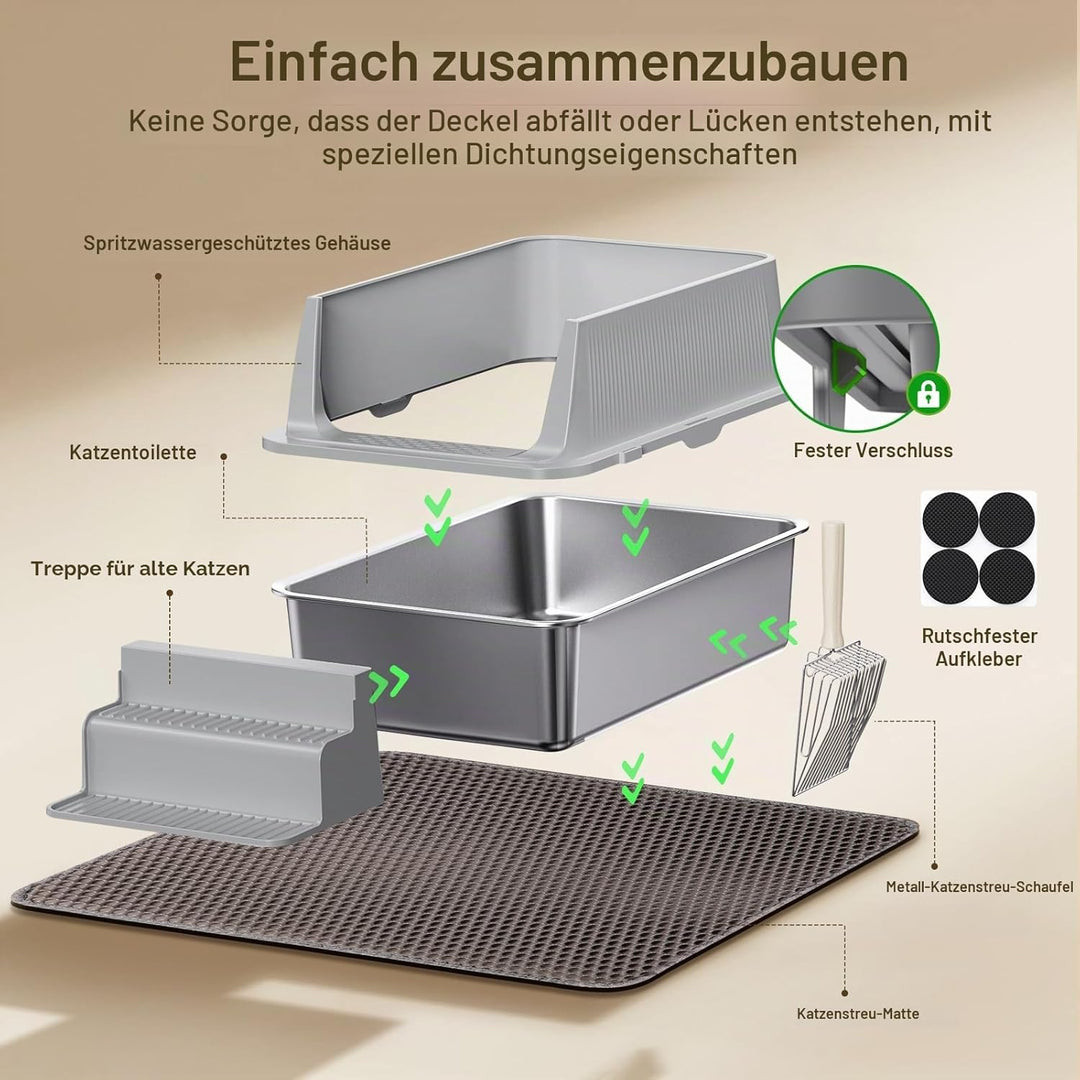PKBD XXL Katzenklo Edelstahl, 60x40x30cm, 32L mit Abnehmbarer Abdeckung und Auslaufsicherer Hoher Ra