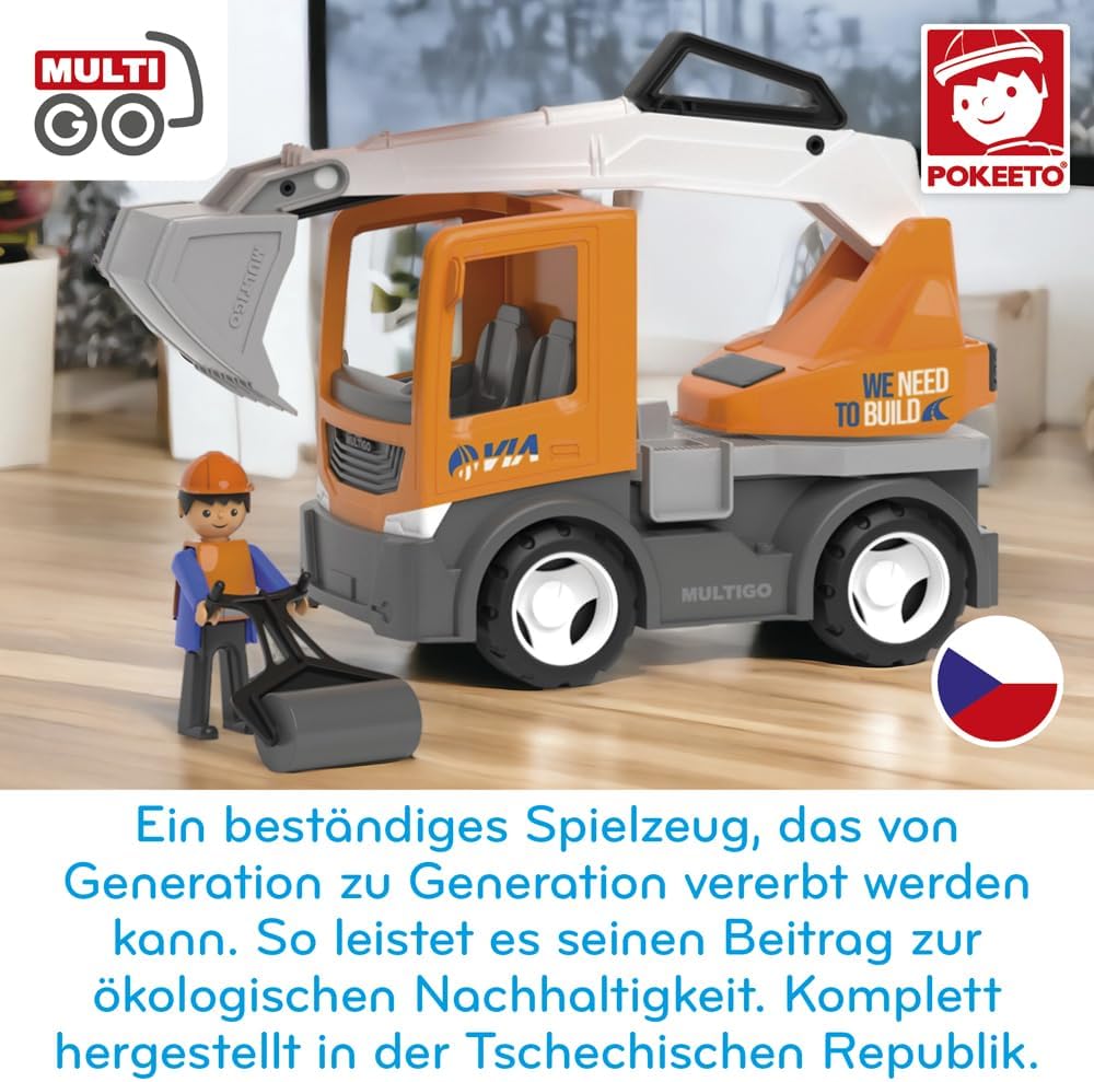 VIA 2+1 Set Sandkasten Spielzeug für Kinder ab 3 Jahre -Strassenarbeiter, Auto, Bagger, Ladepritsche