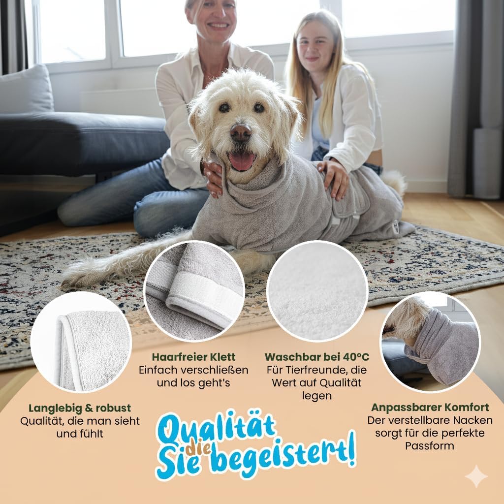 Nice and things® Luxuriöser Hundebademantel in GRAU - TESTSIEGER extra saugfähig - Ultraweicher Hund